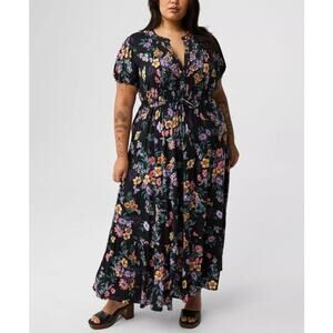 New Torrid Womens 0X Plus Size Dress Maxi Floral Peasant Cottage Prairie Black